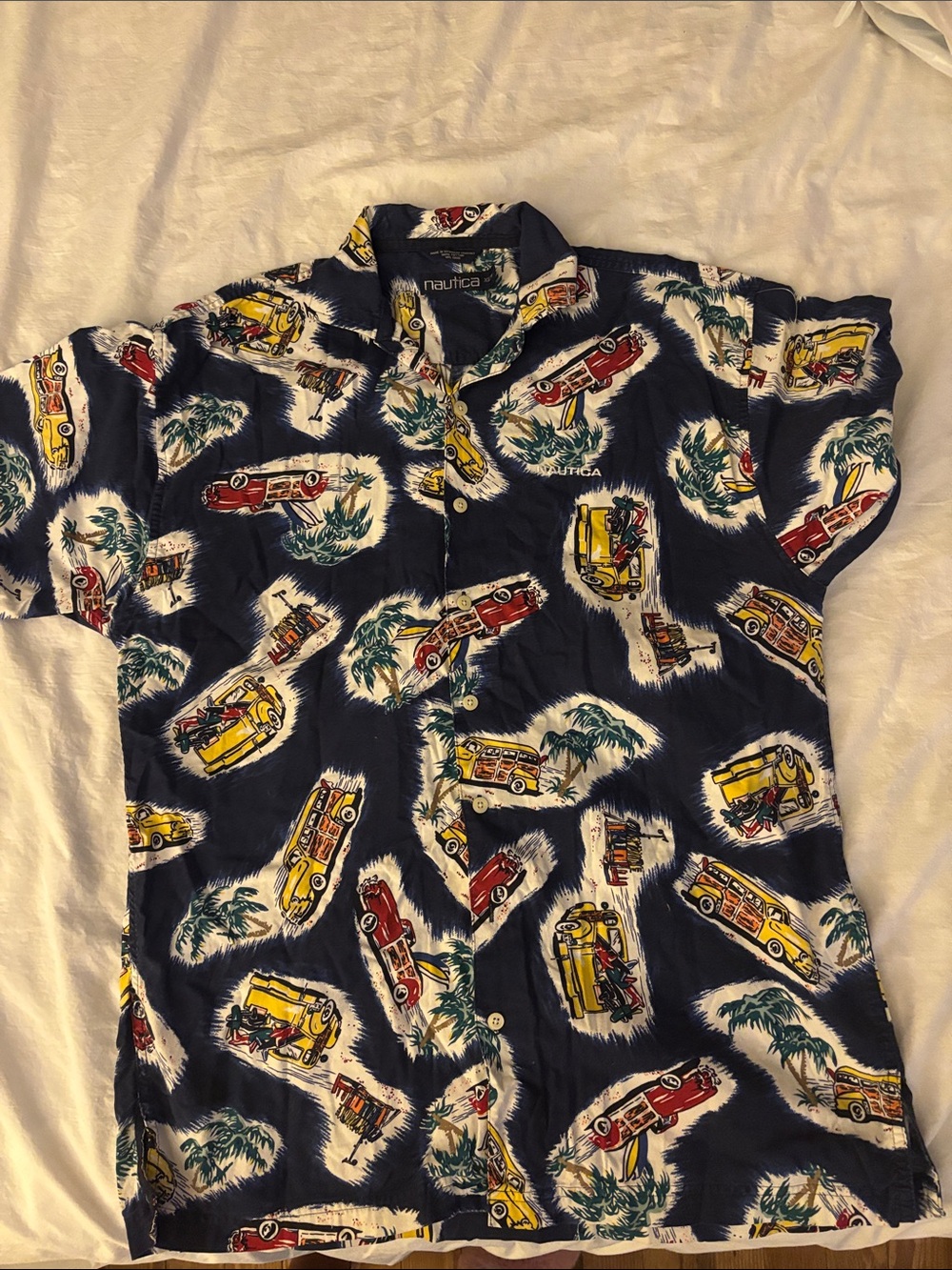 Nautica Navy Short-Sleeve Button-Up Shirt with Yellow & Red Surf Wagon Print